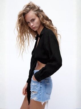 Zara Black Linen Cropped Tie Front Collar Top XL